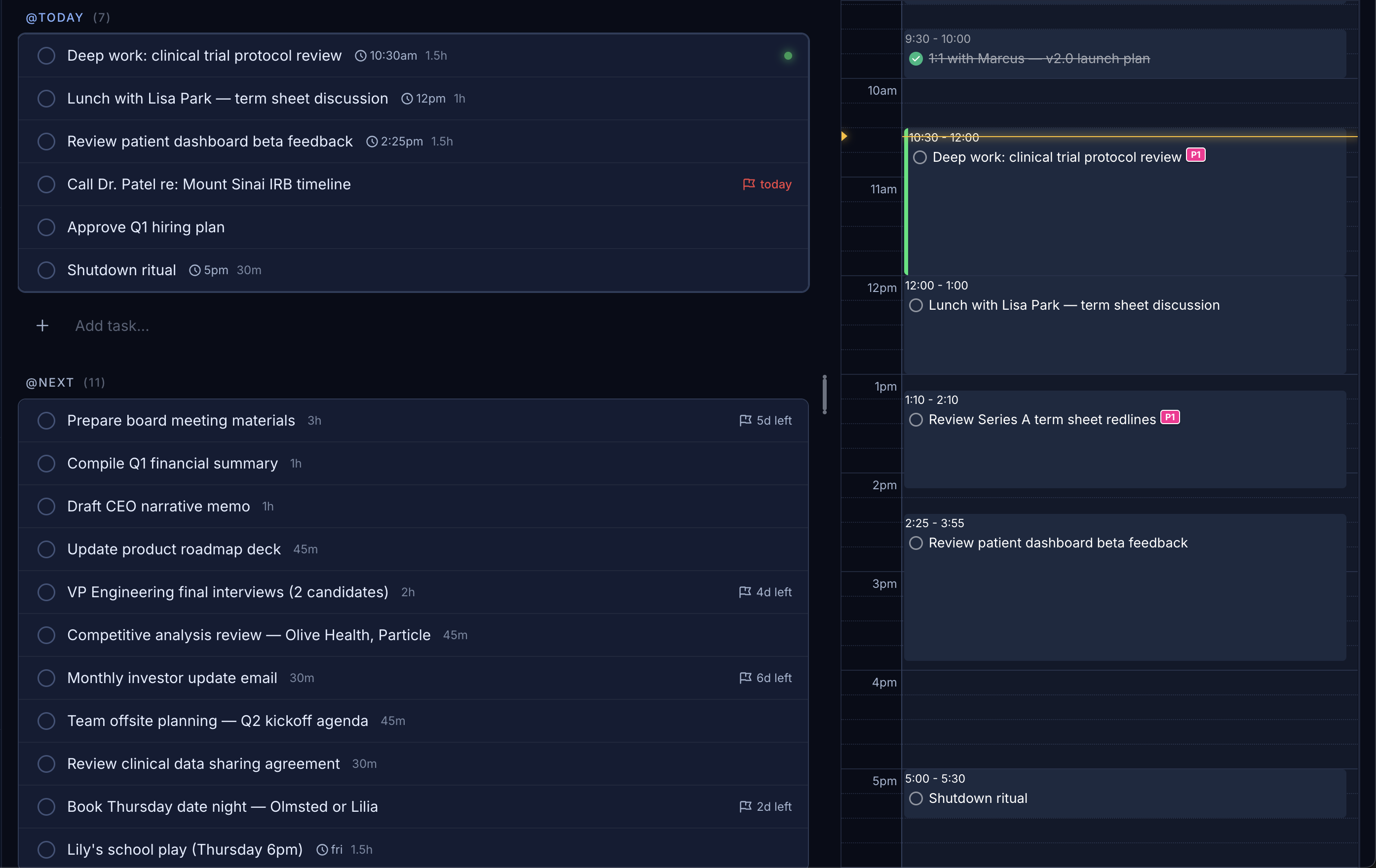 Timeblocked daily view with calendar integration